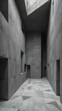 Rough textured concrete walls with sharp geometric patterns in massive empty interior, industrial minimalist architecture, muted light, deep shadows, contemporary modern grayscale abstract space
