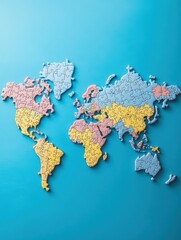 Colorful world map made of small pieces on blue background. Conceptual image of global communication and travel