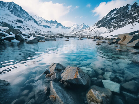 Alpine lakes connected in a chain of glacial pools surrounded by snowfields with clear visibility