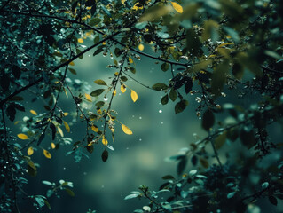 Close-up shot of lush green foliage with water droplets, creating a tranquil and mysterious atmosphere. Perfect for nature, environment, and aesthetic design projects.