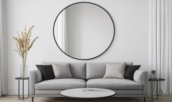 Modern living room with round mirror, gray sofa, and minimalist decor.