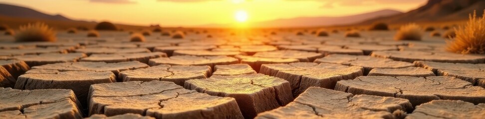 Parched earth cracks, withered plants bake under harsh sun, dry, ecology