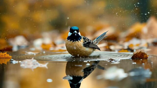 Bird enjoys a refreshing bath in a puddle surrounded by autumn leaves, bird bathes in autumn puddle