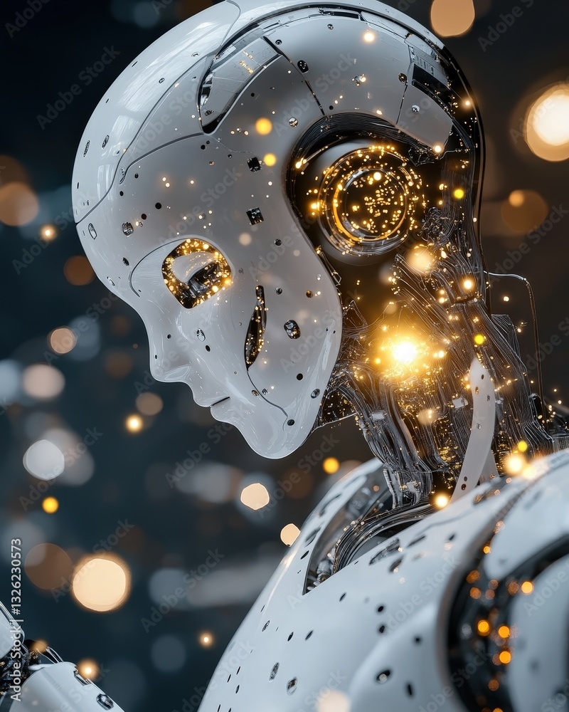 Poster futuristic robot with a glowing face illuminating the surrounding environment with its unique design