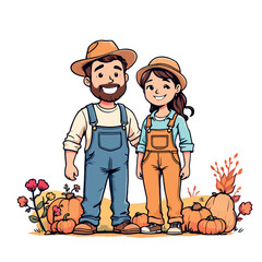 Smiling farmers couple standing together in pumpkin patch