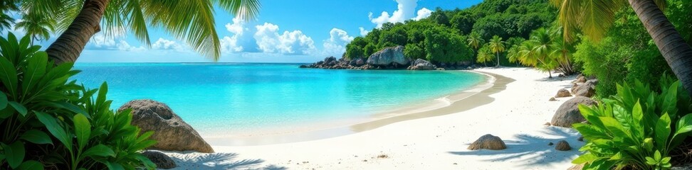 Fototapeta premium Lush vegetation, white sand, crystal clear lagoon, sand, vegetation, ocean