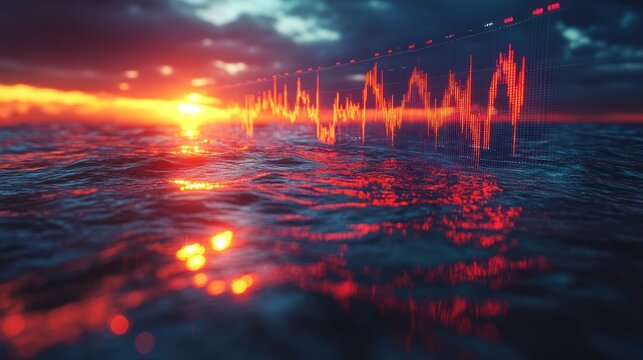 Financial Market Sunset: Ocean Waves Reflecting Stock Market Data