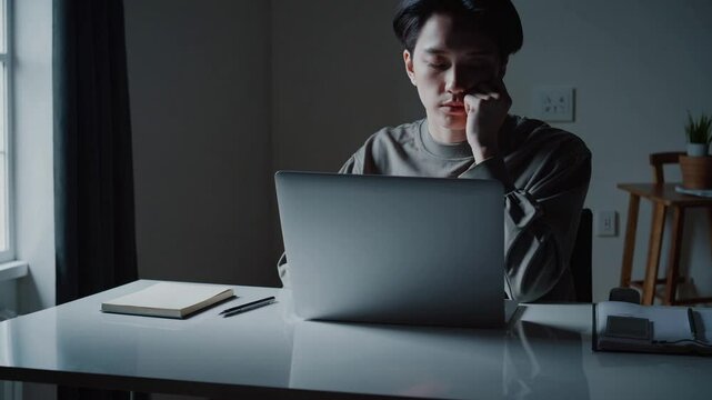 A frustrated or disappointed person sitting in a dark room, staring at a laptop screen showing an empty email inbox.