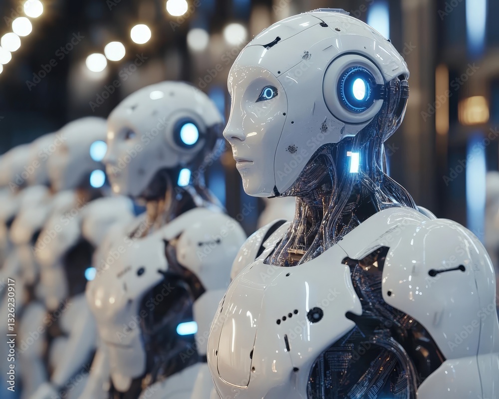 Poster group of robots displaying various designs and features emphasizing technological advancement and in