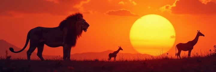 Majestic lion, zebra, giraffe silhouette against sunrise, animals, giraffe, grassland