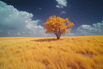 Obraz premium Single yellow tree in golden grass field under a partly cloudy blue sky. Peaceful landscape photography.