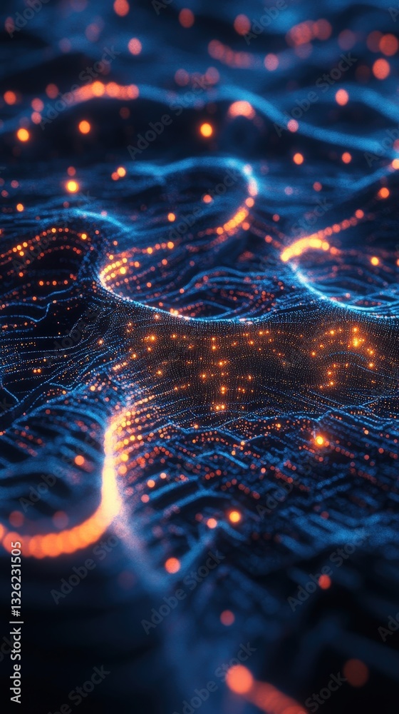 Poster close-up view of a high-tech circuit board illuminated with multicolored lights and complex paths
