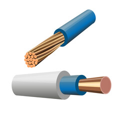 Solid and stranded copper cables on white background