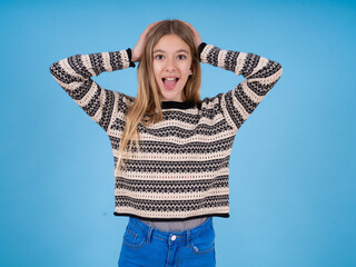 beautiful caucasian girl wearing striped sweater hear incredible private news impressed scream share