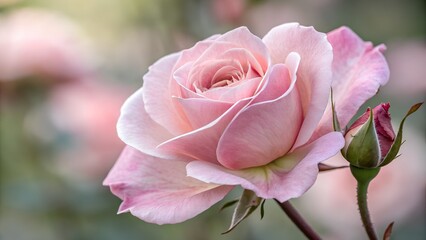 Enchanting Rose: A captivating close-up showcases a delicate, pastel pink rose in full bloom, its velvety petals unfurling gently with a graceful bud.