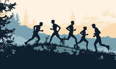 Trail Running Silhouettes Vector Illustration - Marathon Runners in Nature