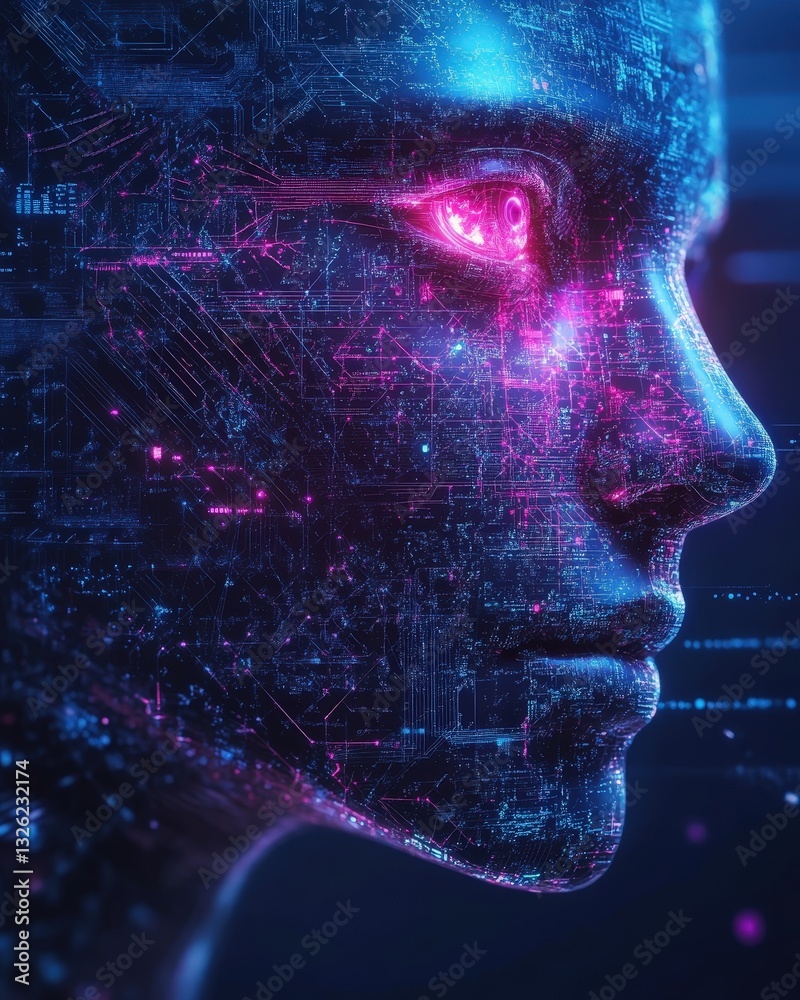 Poster man's face surrounded by a complex circuit pattern in the background signifying advanced technology