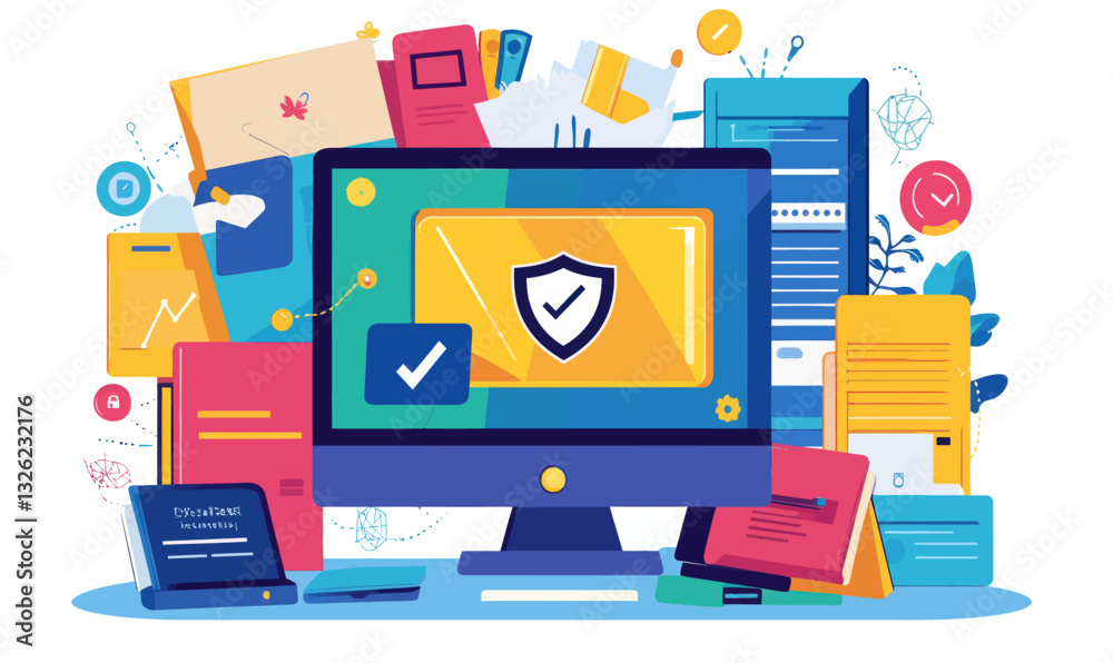 Poster antivirus protection concept with secure shield and network security elements in minimalist vector s