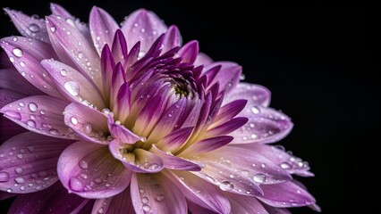 Dahlia's Gentle Embrace: A close-up of a delicate dahlia, its layers of petals awash in a spectrum of soft pink and vibrant purple, adorned with shimmering water droplets, against a dark.
