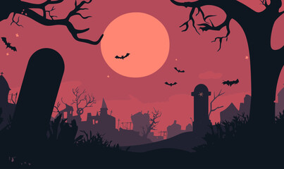 Spooky Halloween Night Vector with Full Moon, Bats, Graveyard, and Leafless Trees