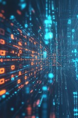 Fototapeta premium A dynamic digital landscape showcasing streams of vibrant blue and orange data flowing through a futuristic tunnel, symbolizing technology and innovation