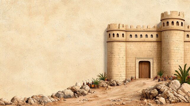 Majestic castle-like building with a clock tower evoking the ancient structures of the biblical jericho and its walls