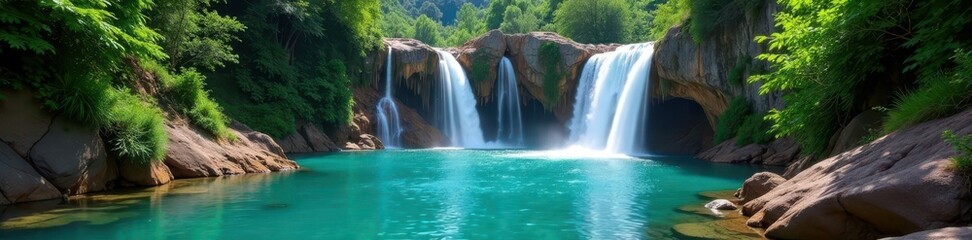 Fototapeta premium Multiple waterfalls plunge into secluded turquoise basin , view, waterfalls, oasis