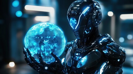 Robot holding a crystal ball representing predictions and insights into future technological trends