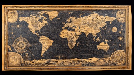 Antique world map with gold-toned continents on a black background showcasing geographical details and decorative cartography elements