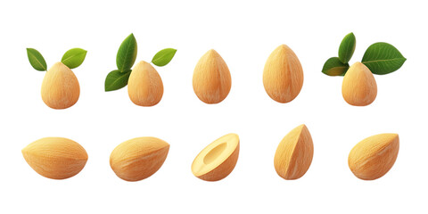 Pack Almond Set in Different Poses Against Transparent Background for Organic Food Promotion, Healthy Snack Branding, or Culinary Design