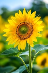 Fototapeta premium Sunflowers with bright yellow flowers and green leaves under a clear blue sky, symbolizing summer, happiness, and natural beauty.