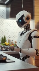 Robot holding a plate of food in a bright kitchen with colorful ingredients ready to serve
