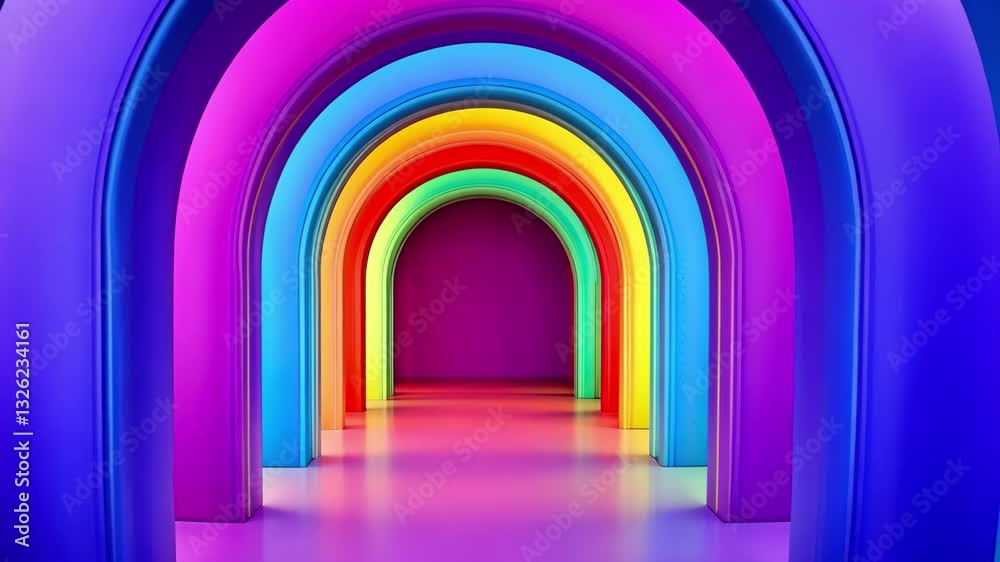 Poster Vibrant rainbow arches create a mesmerizing corridor of color in an artistic space, Colorful rainbow arches with vibrant gradient hues