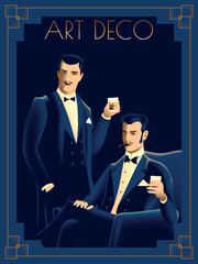 Gentlemen in the style of the early 20th century. Retro party invitation card. Handmade drawing vector illustration. Art Deco style.
