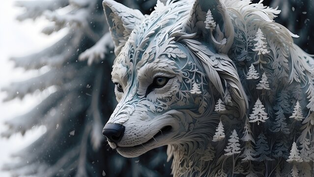 drawing body art 8D on wolf micro spruce pine trees surrealism
close-up
winter dark dawn, transparent huge lace glass wolf with micro trees micro houses inside multi-exposure snowflakes inside , soft 
