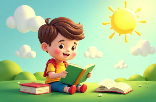 young boy sitting on green grass reading under sunny sky with fluffy clouds. joy of learning. education, children's book vibrant cartoon illustration, storytelling. national read across america day