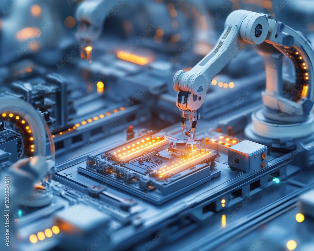 Poster robot working on a circuit board in a factory setting showcasing modern automation technology