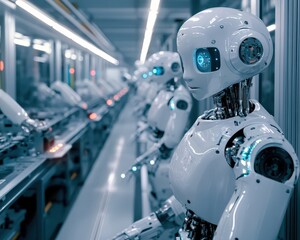 Advanced robot standing in a factory environment surrounded by industrial machinery and equipment