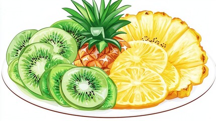Sliced Pineapple and Kiwi Fruit on a Plate