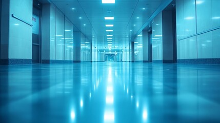Obraz premium Long hospital corridor filled with gentle blue light, reflecting off polished floors. This quiet space promotes tranquility for patients and healthcare professionals during busy hours