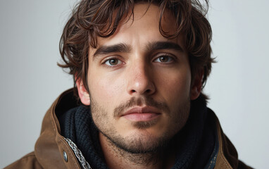 Fototapeta premium Close-up portrait of a young, handsome man with brown hair and a beard wearing a brown jacket and a dark sweater.