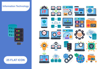Information and Technology Flat Icon Set, Collection of 25 Information and Technology Flat Icon Set – 25 Data, Network, and Digital Icons