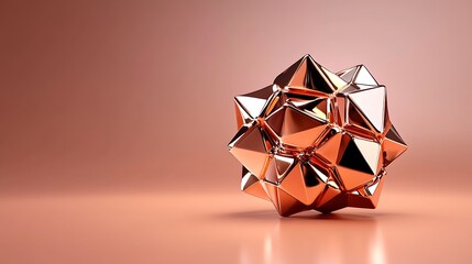 Rose Gold Geometric 3D Render: Abstract Shape on Coral Background AI Generated