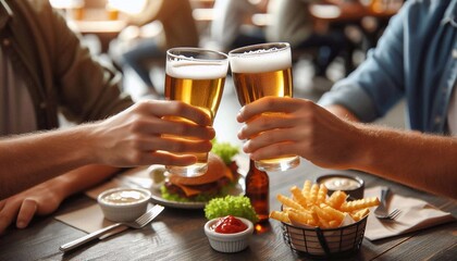 Hands of two friends clinking glasses of beer in a cafe, close-up