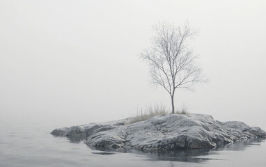 Solitary tree on a rock in a foggy lake during winter. Peaceful and serene landscape photography.