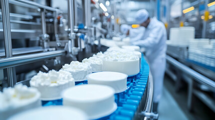 Cheese production line in dairy factory with workers in hygiene gear