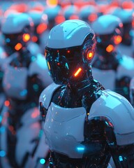 Robot standing amongst a diverse crowd of people in an urban environment with excitement