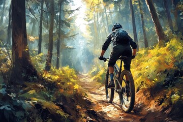 Naklejka premium Cyclist riding through a mystical foggy forest
