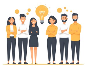 A collaborative team poses together with a bright lightbulb overhead
