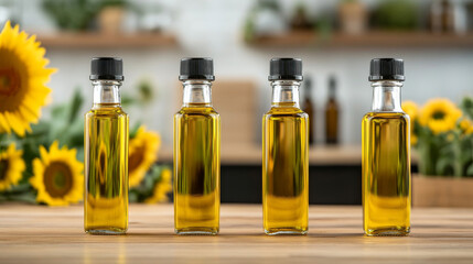 Four glass bottles filled with golden olive oil are neatly arranged on a wooden kitchen counter. Bright yellow sunflowers in the background create a warm, inviting atmosphere